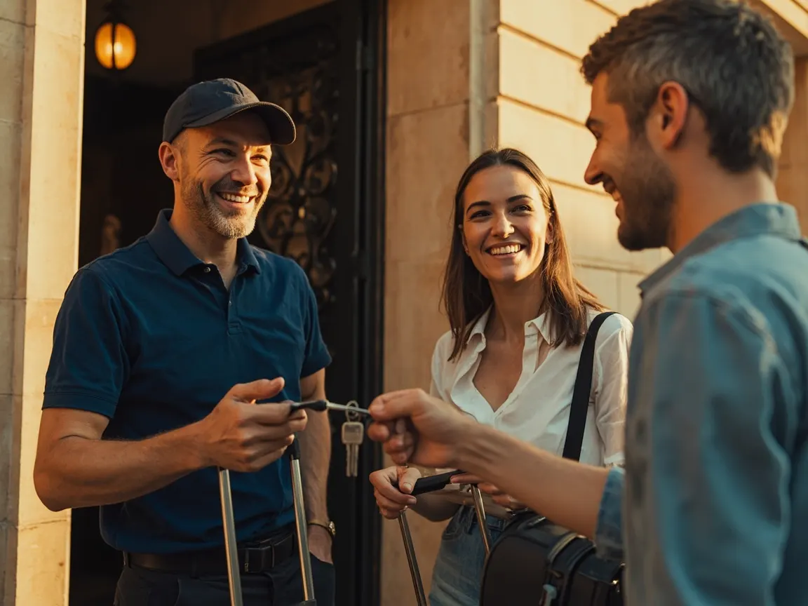 Concierge qui remet les clés à un couple de voyageurs devant un immeuble parisien