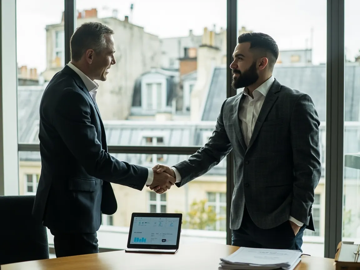 Poignée de main entre deux professionnels de l'immobilier dans un bureau parisien