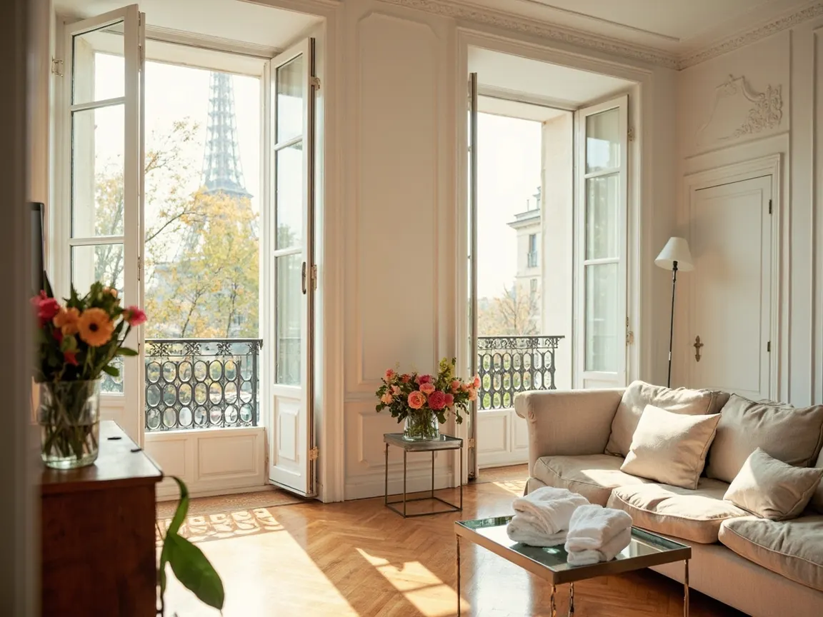 Salon d'un appartement haussmannien prêt pour les voyageurs, vue sur la tour Eiffel